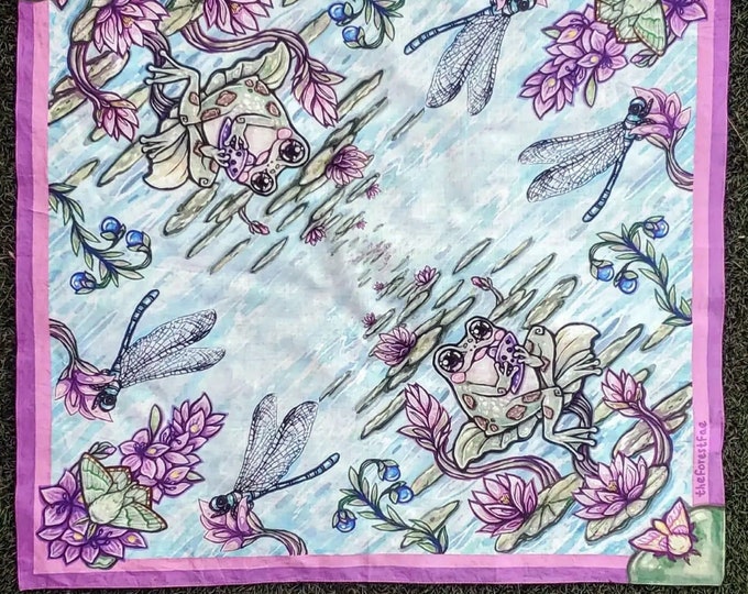 Cute Frog 100% Cotton Bandana - lilipad, Cottagecore, mermaidcore, Fairycore, Rosy Maple Moth, Scarf, Tapestry, gift, spring