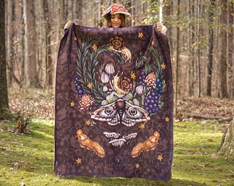 Moths, Mushrooms, Mollusks Blanket - Brown with Grey Moth - Cozy Soft Sherpa Blanket: Maximalist, nature, snails, moth, forest, fairy