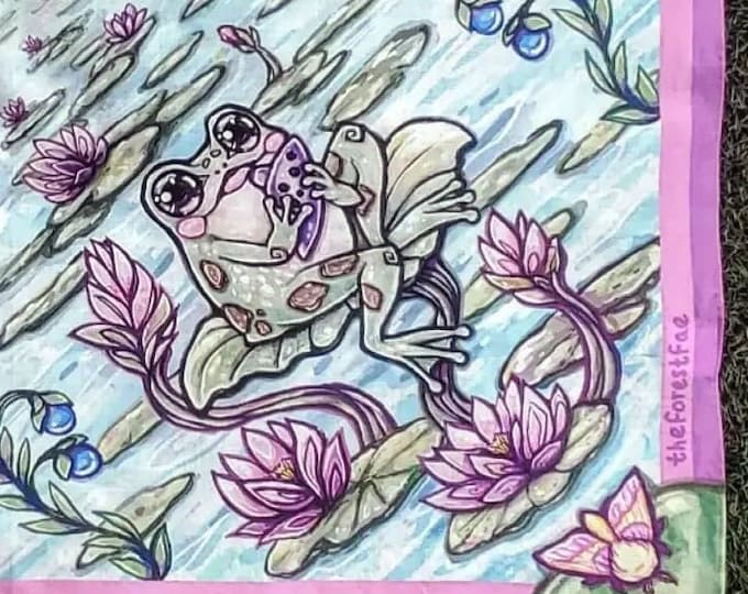 Frog & Moth Bandana - 100% Cotton cute, lilipad, Cottagecore, mermaidcore, Fairycore, Rosy Maple Moth, Scarf, Tapestry, gift, summer