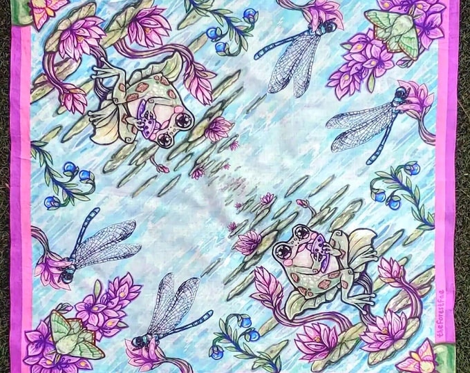 Frog & Moth Bandana - 100% Cotton cute, lilipad, Cottagecore, mermaidcore, Fairycore, Rosy Maple Moth, Scarf, Tapestry, gift, summer