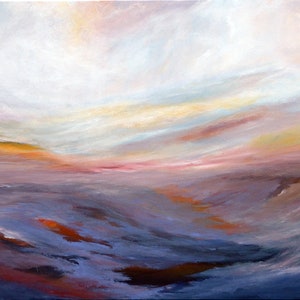 May include: An abstract landscape painting with a blend of colors. The artwork features a dynamic interplay of blues, purples, oranges, and whites, creating a sense of depth and movement. The brushstrokes are visible, adding texture to the piece.