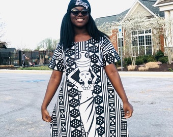 Black and White art Dress with head wrap, Caftan, Comfort dress, Maxi Dress, African Dress, Ankara Dress, Black art print dress,