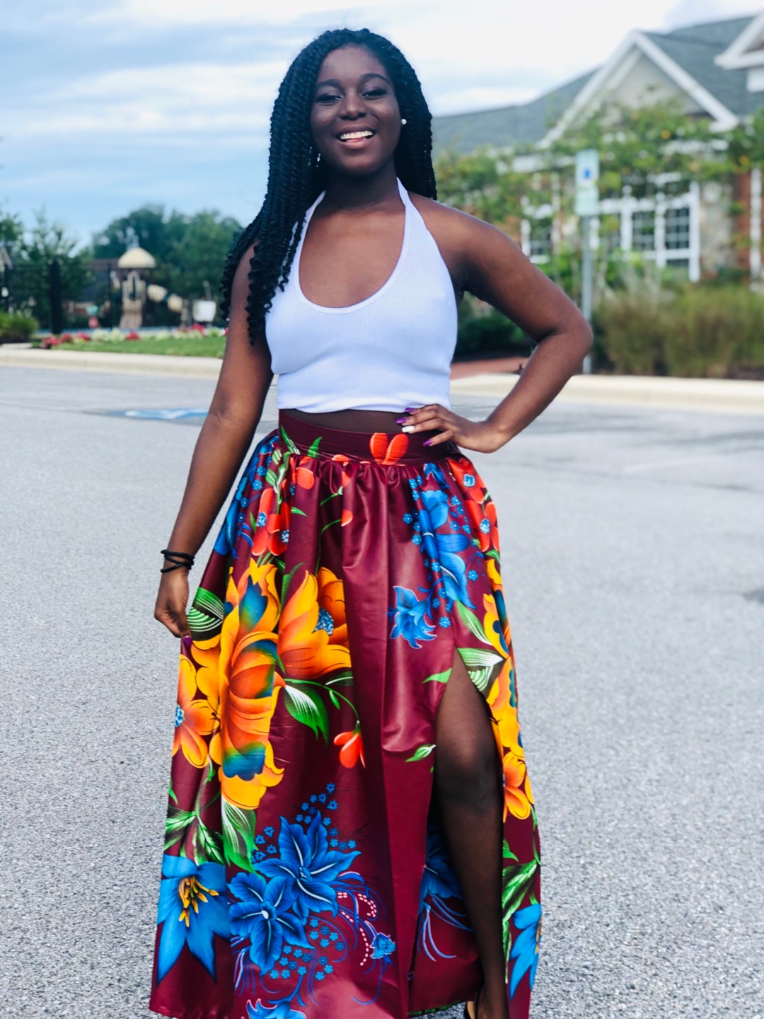 Floral Ankara Maxi Skirt: High Waist African Print With Slit