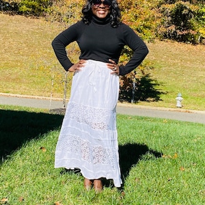 White Lace Insert Maxi Skirt: Elegant Long Skirt