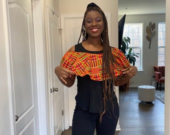 Kente cold shoulderTop, African Blouse, Kente Off shoulder top, African blouse, Kente Blouse, on tank top . Kente on black tank top