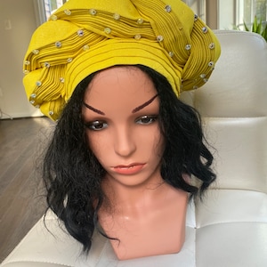 Pre Tied Gele, Auto Gele, Pre Wrapped Gele, Asooke Gele, Yellow Gele