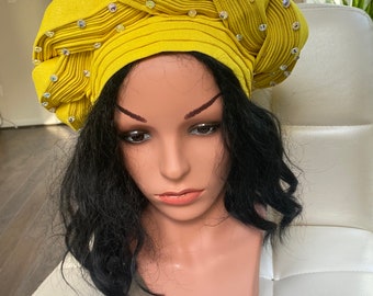 Pre Tied Gele, Auto Gele, Pre Wrapped Gele, Asooke Gele, Yellow Gele