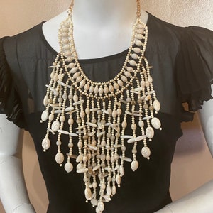 Multi Strand Necklace with earrings, Beaded Necklace, Bold statement Necklace with earrings, Seashells with brass necklace