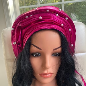 Pink Pre-Tied Auto Gele: Nigerian Asooke Headwrap with Pearls