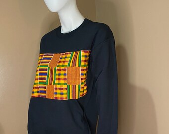 Black sweatshirt with Kente Design, Kente Sweater, Sweatshirt, Sweater, Christmas gift, Black Kente Sweater