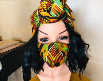 Kente head-wrap and mask set,African Print Headwrap and masks, Kente Head Wrap and masks set, Kente head wrap, Kente masks, Ankara Head Wrap