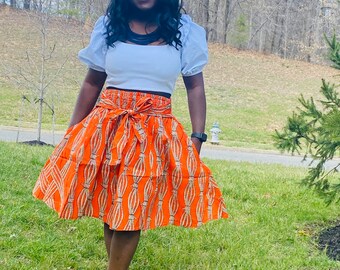 Ankara gathered Skirt, African Skirt, Ankara Orange skirt, Ankara MIDI Skirt, Kente Skirt