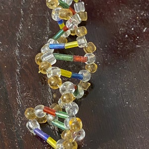 May include: A DNA model made of beads. The beads are clear, yellow, red, blue, and green. The model is strung on wire.