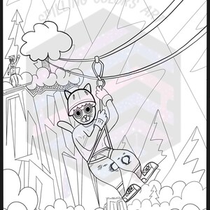 May include: A black and white line drawing of a cat wearing a helmet and harness, ziplining through a mountain landscape. The cat is smiling and has a determined expression on its face. The drawing is titled "Smiling Colors Art".