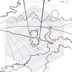 May include: A black and white line drawing of a cat on a swing in front of a mountain landscape. The cat is looking back at the viewer. The sun is shining in the sky.