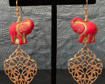 Red and Gold Elephant Earrings with Solid Brass Crest Filigree Drops