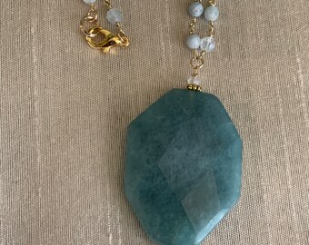Blue quartz and aquamarine beaded necklace.