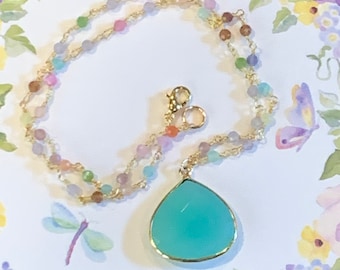 Aqua chalcedony teardrop multi gemstone necklace.