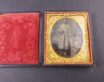 Double Glass Gold Color Pinchbeck Framed. Half Case 163 yr Old Darling Fashion Pose VICTORIAN AMBROTYPE Lady Full Big Dress Artist Tinted