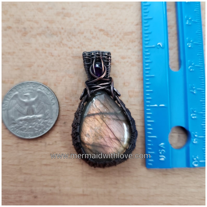 Labradorite and Amethyst pendant in antiqued copper