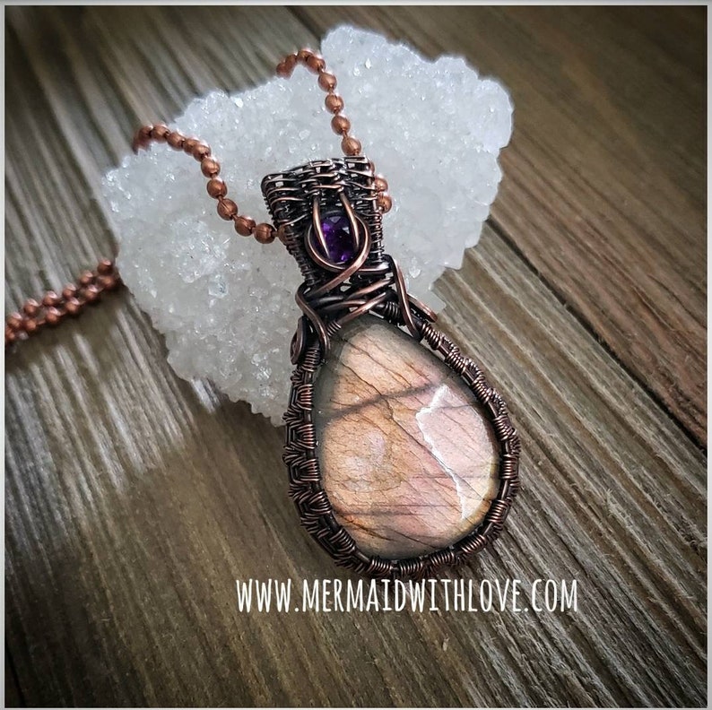 Labradorite and Amethyst pendant in antiqued copper