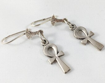 Sterling Silver Vintage Egyptian Ankh Earrings