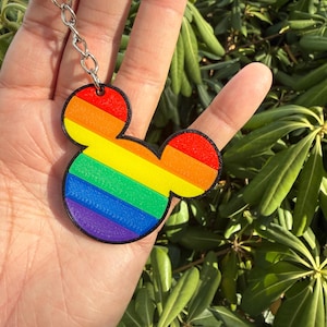 May include: A keychain featuring a mouse-ear shaped pendant with a black border and horizontal stripes in red, orange, yellow, green, blue, and purple. The pendant is attached to a silver-toned metal split ring by a short metal chain link.