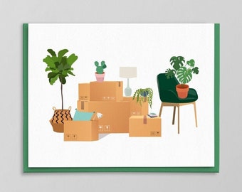 Puede incluir: Una tarjeta con una ilustración de una sala de estar con cajas de mudanza, plantas y una silla. Las cajas están apiladas y etiquetadas con la palabra "DIY".