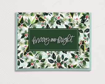 Merry and Bright Christmas Card, Watercolor Christmas Card