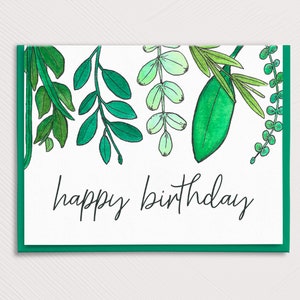 Cartão de aniversário com plantas em aquarela, impresso