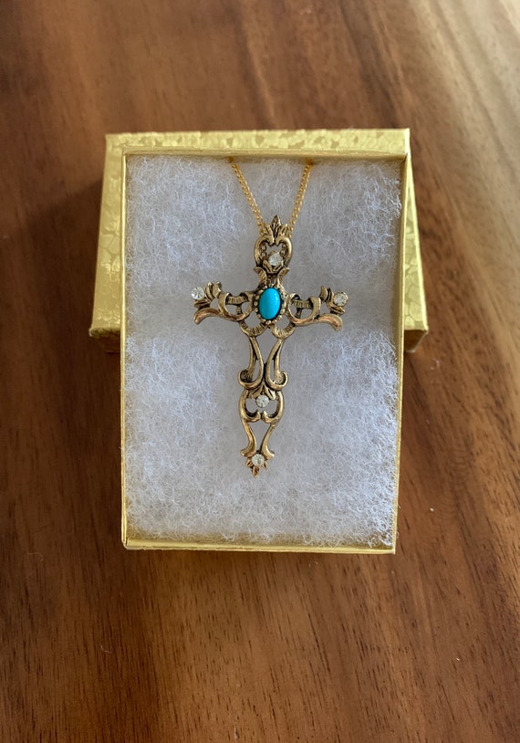 Cross With Rhinestones and faux Turquoise Gold To… - image 2