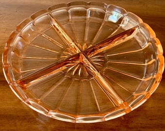 Vintage Pink Depression Glass 4 Section Divided Serving Dish scalloped Edging and Sun Burst Design