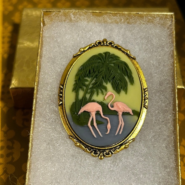 Flamingo Cameo Brooch Gold Tone New Old Stock Comes With Gift Box