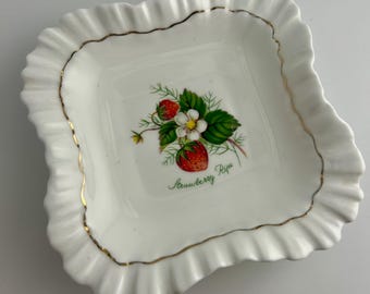 Antique 1920s Adderley Bone China 1789 Dish, Strawberry Ripe Pattern, Vintage Candy Bowl, Trinket Dish Gold Rim
