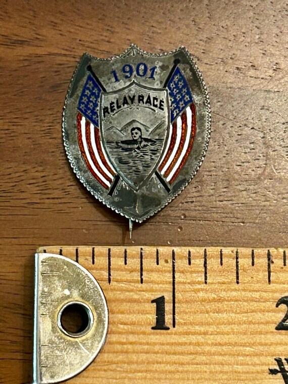 Antique 1901 Relay Race Pin/Brooch Silver Tone with E… - Gem