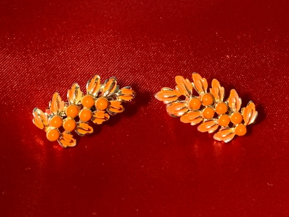 Antique Coro signed Silver and orange flower clip… - image 1