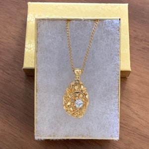 Gold Nugget Style Necklace with Diamond Like Gem 20in. Chain Vintage 1980s New Old Stock
