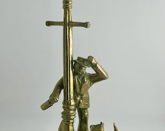 Rare Vintage Brass Man With Wine Bottle leaning on Street Lamp with Dog on street corner Heavy Weight Solid Brass