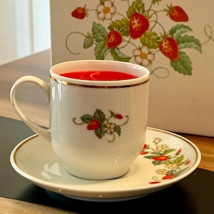 Vintage Avon Strawberry pattern Porcelain Teacup & Saucer with strawberry Scented Candle with original box