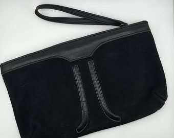 Pochette/sac à main vintage en daim noir/cuir fermeture à glissière fabriquée à Hong Kong