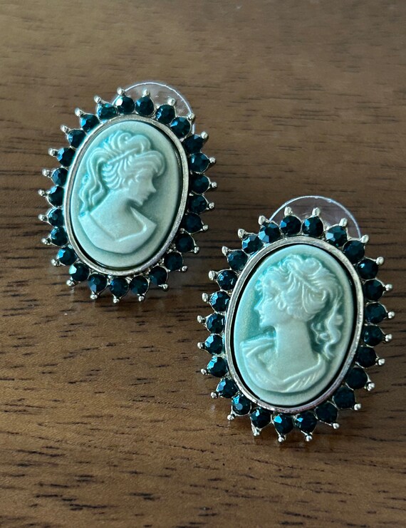 Cameo and Rhinestone Earrings Green and Silver To… - image 7