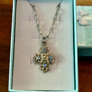 Vintage Maltese Style Cross Silver Tone Filigree with Blue Rhinestones 24in. Chain