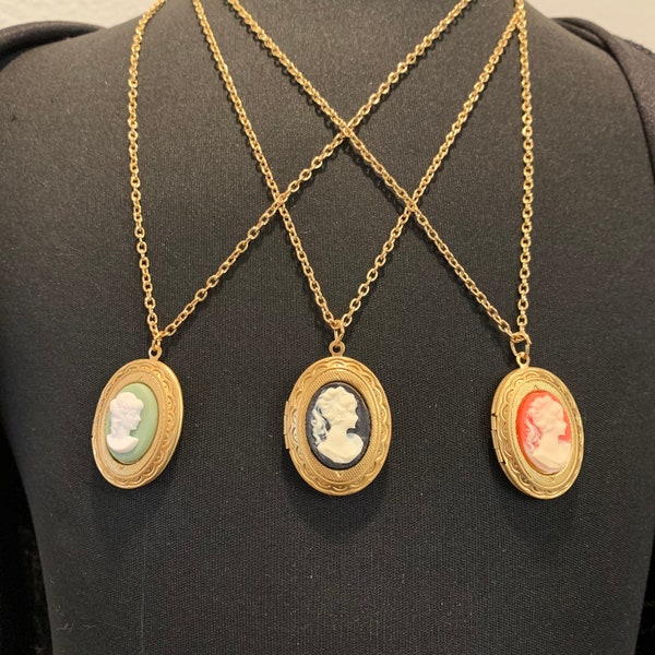 Vintage Cameo Locket Necklace 1980s New old Stock Green, Black, Blue, Orange.Gold tone Chain 20in. Includes 1 Necklace you choose the color.