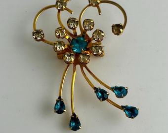 Pendentif vintage avec épingles en strass doré, topaze florale Startburst bleu profond des années 1940