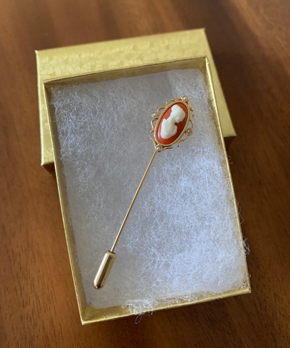 Vintage Cameo Stick Pin Gold Tone with Faux Pearl… - image 1
