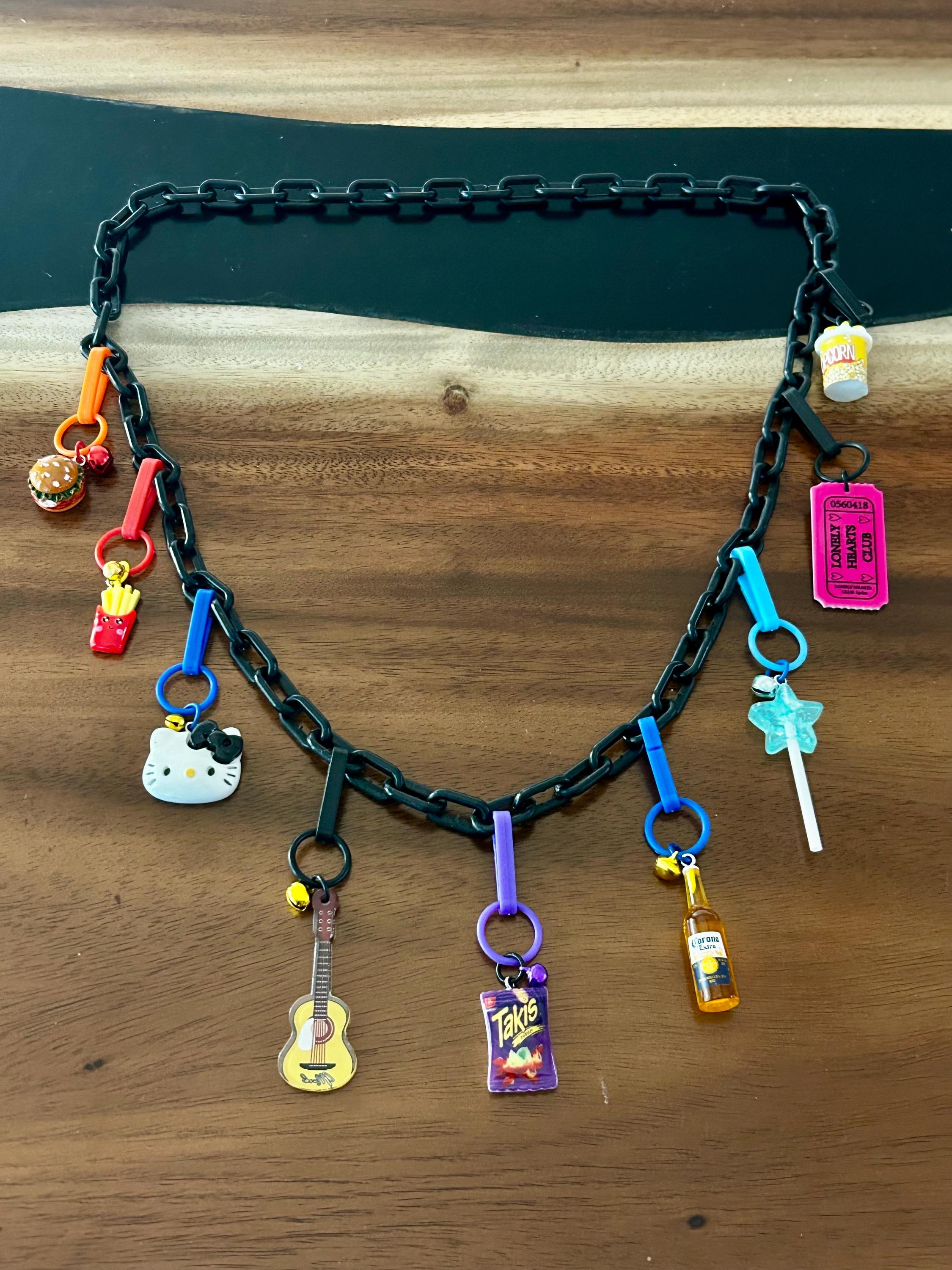 1980s Style Bell Charm Necklace: Handmade Plastic Chain, 9 Charms
