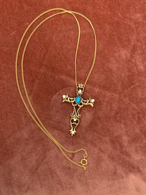 Cross With Rhinestones and faux Turquoise Gold To… - image 7