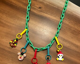 Handmade 80s Style Bell Charm Necklace: Plastic Chain, Holiday