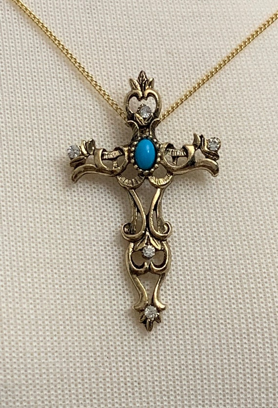 Cross With Rhinestones and faux Turquoise Gold To… - image 3
