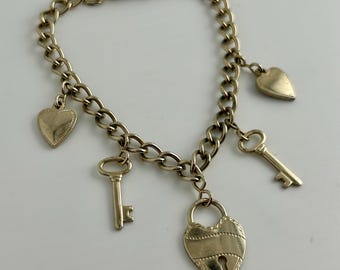 Vintage 1940s Sweetheart Charm Bracelet, Light Gold Tone with Hearts, Keys and Heart Lock Charms 7 3/4in. Length